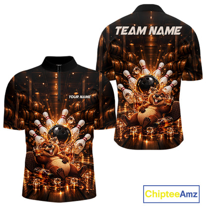 Funny Beaver Bourbon Bowling Polo 1/4-Zip Bowling Shirt For Men Custom Vintage Bowling Team Jersey NYN4910