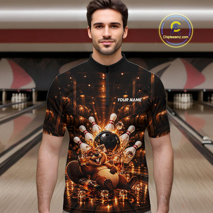 Funny Beaver Bourbon Bowling Polo 1/4-Zip Bowling Shirt For Men Custom Vintage Bowling Team Jersey NYN4910