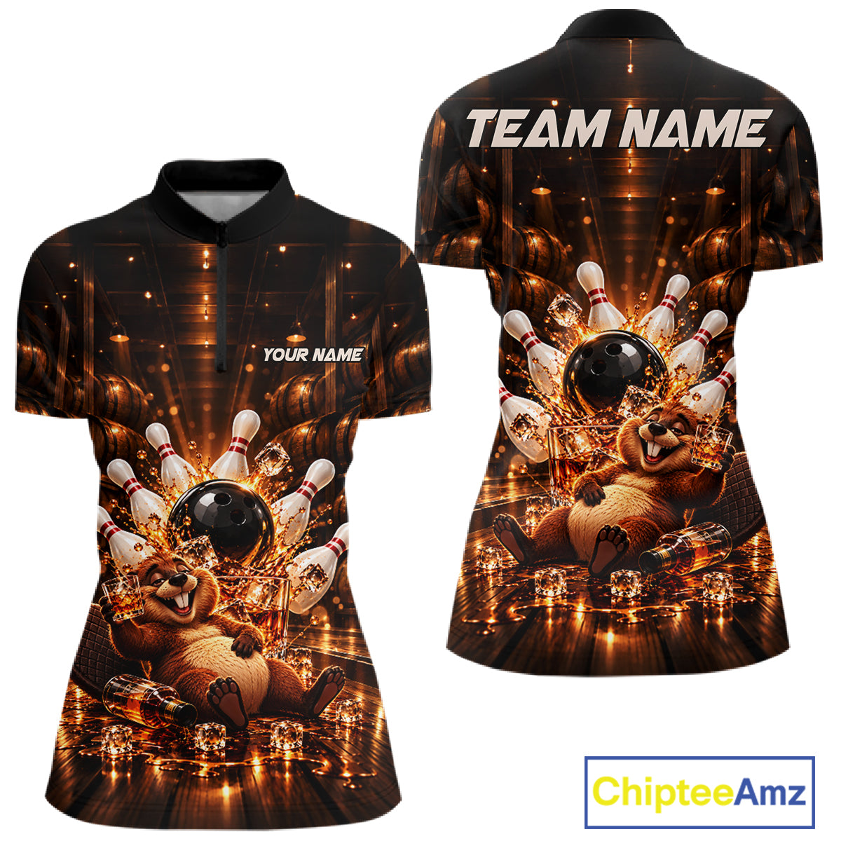 Funny Beaver Bourbon Bowling Polo 1/4-Zip Bowling Shirt For Women Custom Vintage Bowling Team Jersey NYN4910