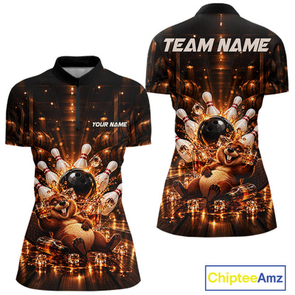 Funny Beaver Bourbon Bowling Polo 1/4-Zip Bowling Shirt For Women Custom Vintage Bowling Team Jersey NYN4910
