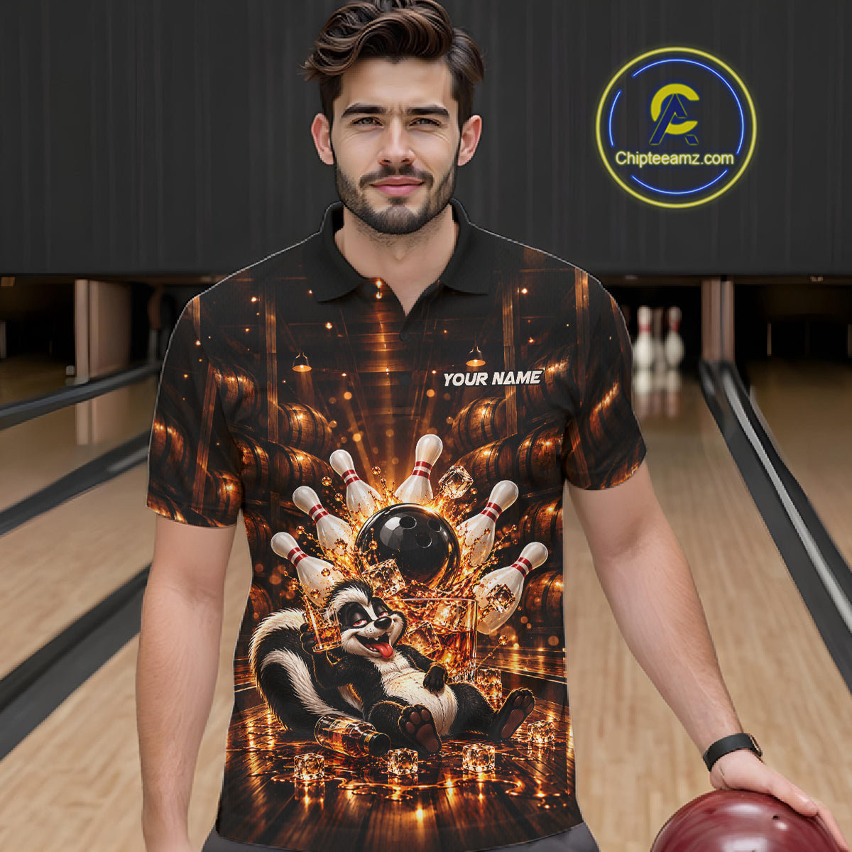 Funny Skunk Bourbon Bowling Polo 1/4-Zip Bowling Shirt For Men Custom Vintage Bowling Team Jersey NYN4911