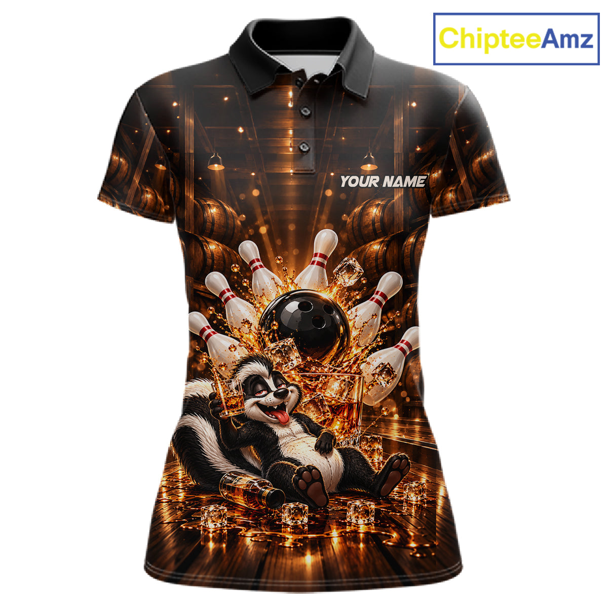 Funny Skunk Bourbon Bowling Polo 1/4-Zip Bowling Shirt For Women Custom Vintage Bowling Team Jersey NYN4911