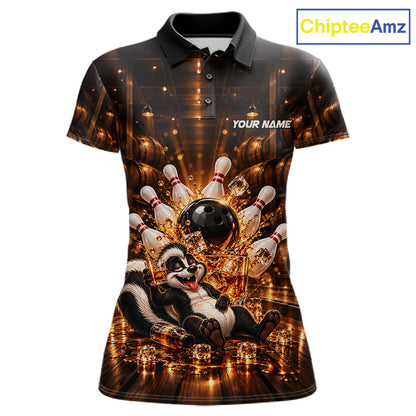 Funny Skunk Bourbon Bowling Polo 1/4-Zip Bowling Shirt For Women Custom Vintage Bowling Team Jersey NYN4911