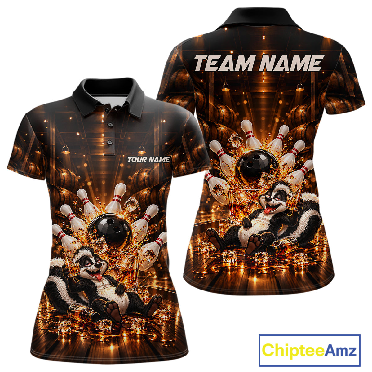Funny Skunk Bourbon Bowling Polo 1/4-Zip Bowling Shirt For Women Custom Vintage Bowling Team Jersey NYN4911