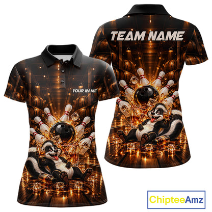 Funny Skunk Bourbon Bowling Polo 1/4-Zip Bowling Shirt For Women Custom Vintage Bowling Team Jersey NYN4911