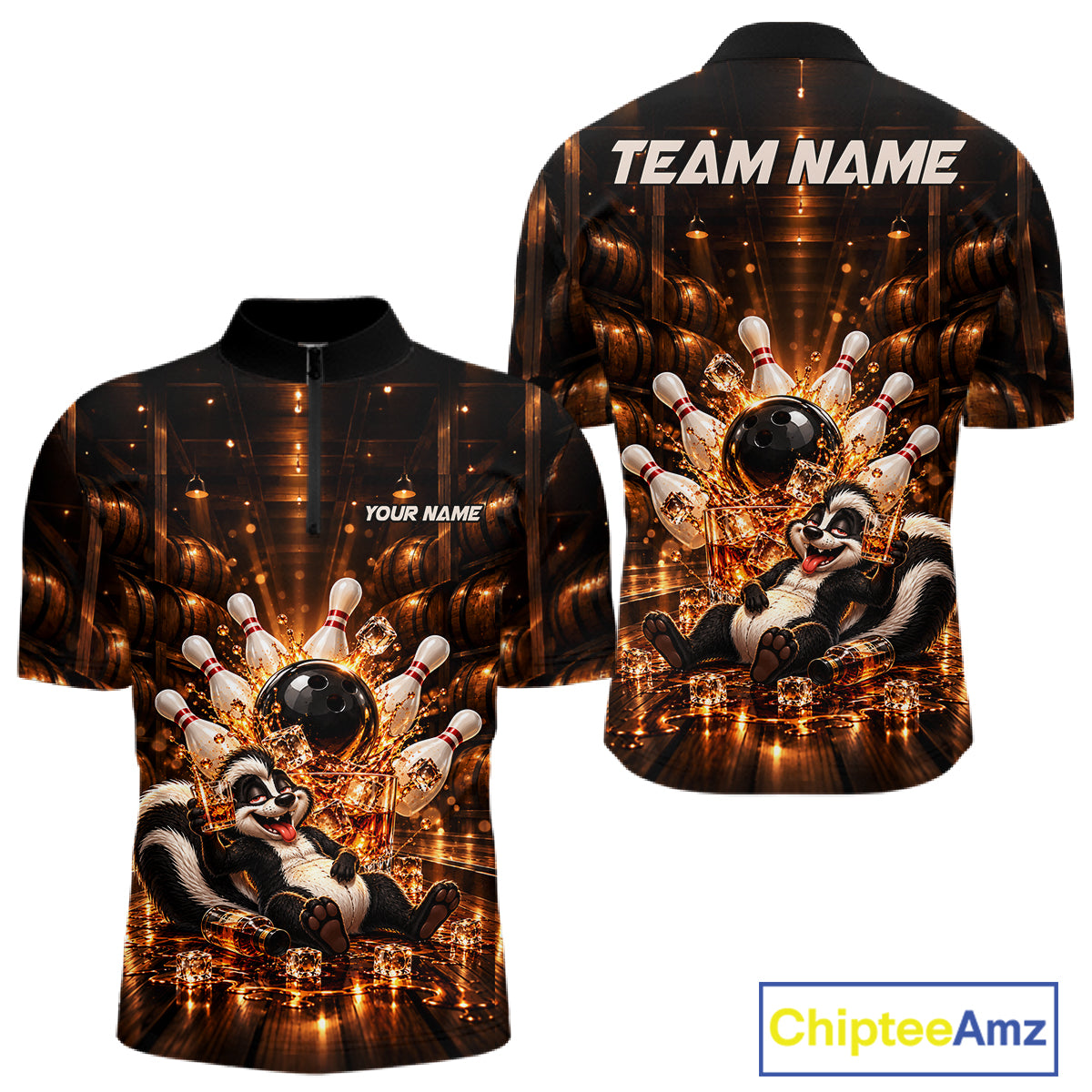 Funny Skunk Bourbon Bowling Polo 1/4-Zip Bowling Shirt For Men Custom Vintage Bowling Team Jersey NYN4911