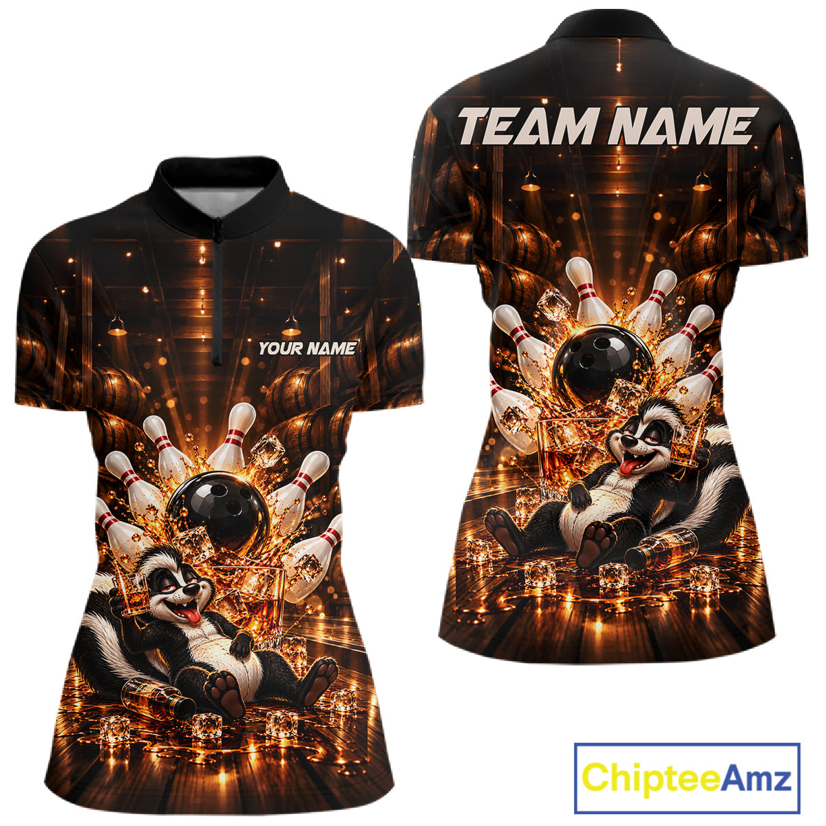 Funny Skunk Bourbon Bowling Polo 1/4-Zip Bowling Shirt For Women Custom Vintage Bowling Team Jersey NYN4911