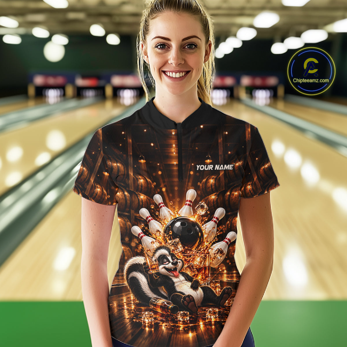 Funny Skunk Bourbon Bowling Polo 1/4-Zip Bowling Shirt For Women Custom Vintage Bowling Team Jersey NYN4911