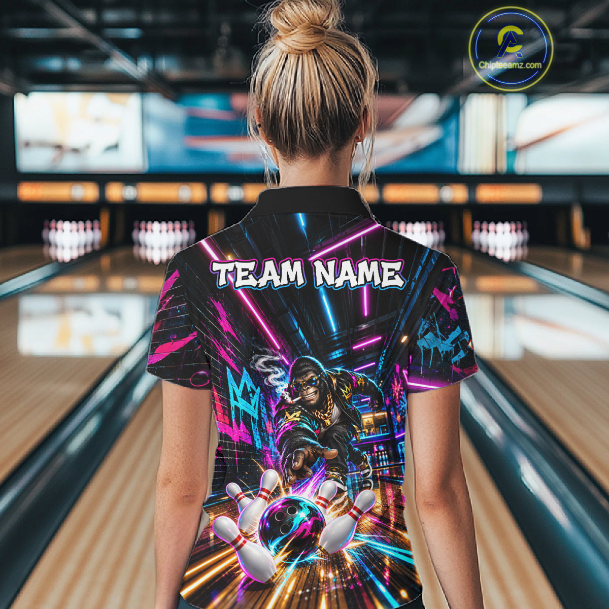 Custom Hiphop Gorilla Bowling Team Shirt For Women Funny Street Graffiti Bowling Tournament Jersey NYN4914