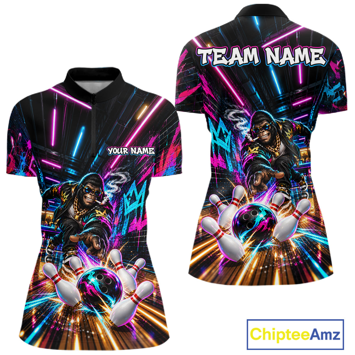 Custom Hiphop Gorilla Bowling Team Shirt For Women Funny Street Graffiti Bowling Tournament Jersey NYN4914