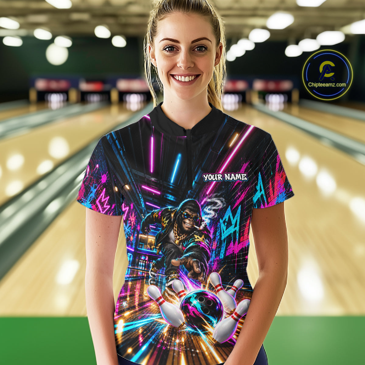 Custom Hiphop Gorilla Bowling Team Shirt For Women Funny Street Graffiti Bowling Tournament Jersey NYN4914