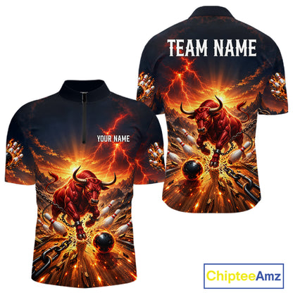 Angry Bull Bowling Polo 1/4-Zip Shirt For Men Personalized Bowling Jersey Bull Bowling Team Shirts NYN4917
