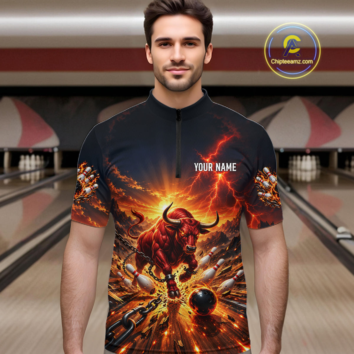 Angry Bull Bowling Polo 1/4-Zip Shirt For Men Personalized Bowling Jersey Bull Bowling Team Shirts NYN4917