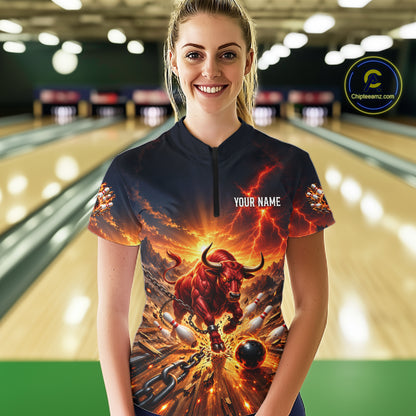 Angry Bull Bowling Polo 1/4-Zip Shirt For Women Personalized Bowling Jersey Bull Bowling Team Shirts NYN4917
