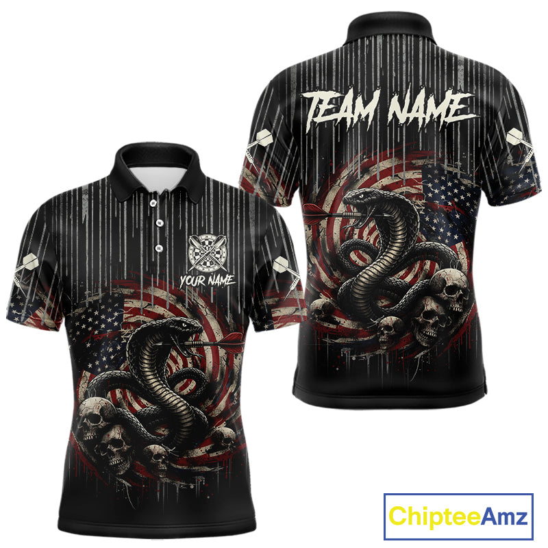 Custom US Flag Cobra Skull Swirl Vintage Men Darts Polo Shirt Retro Dart Jersey Gifts NYN1988