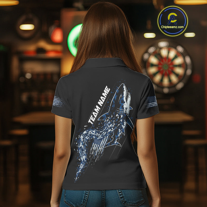 Custom Black And Blue US Flag Digital Camo Shark Darts Polo Shirt For Women Dart Gifts NYN1994