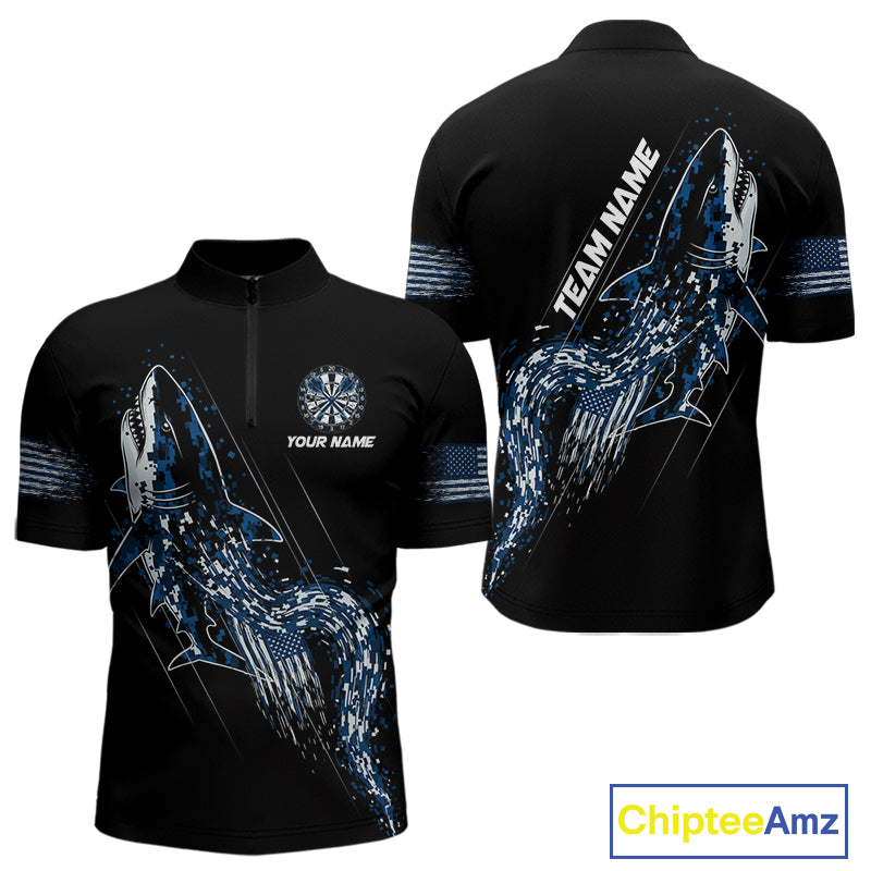 Custom Black And Blue US Flag Digital Camo Shark Darts Quarter-Zip Shirt For Men Dart Gifts NYN1994