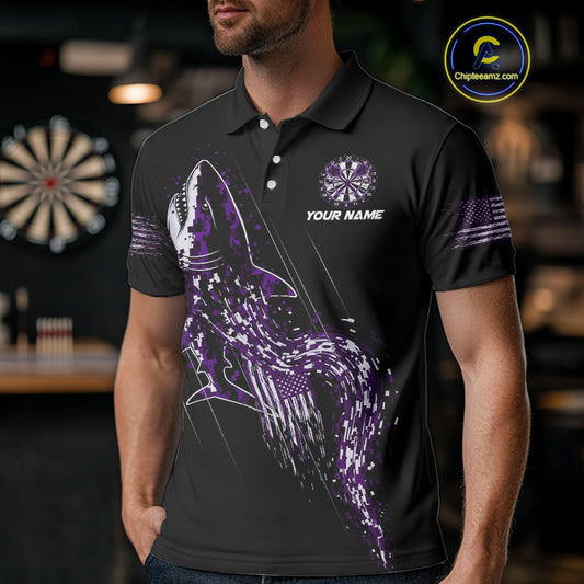 Custom Black And Purple US Flag Digital Camo Shark Darts Polo Shirt For Men Dart Gifts NYN1995