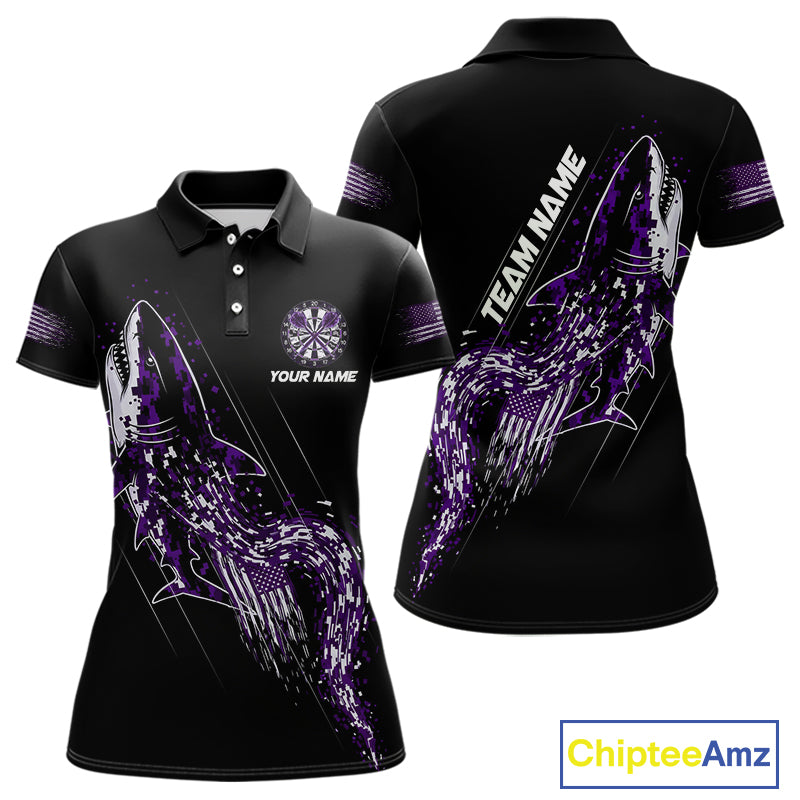 Custom Black And Purple US Flag Digital Camo Shark Darts Polo Shirt For Women Dart Gifts NYN1995