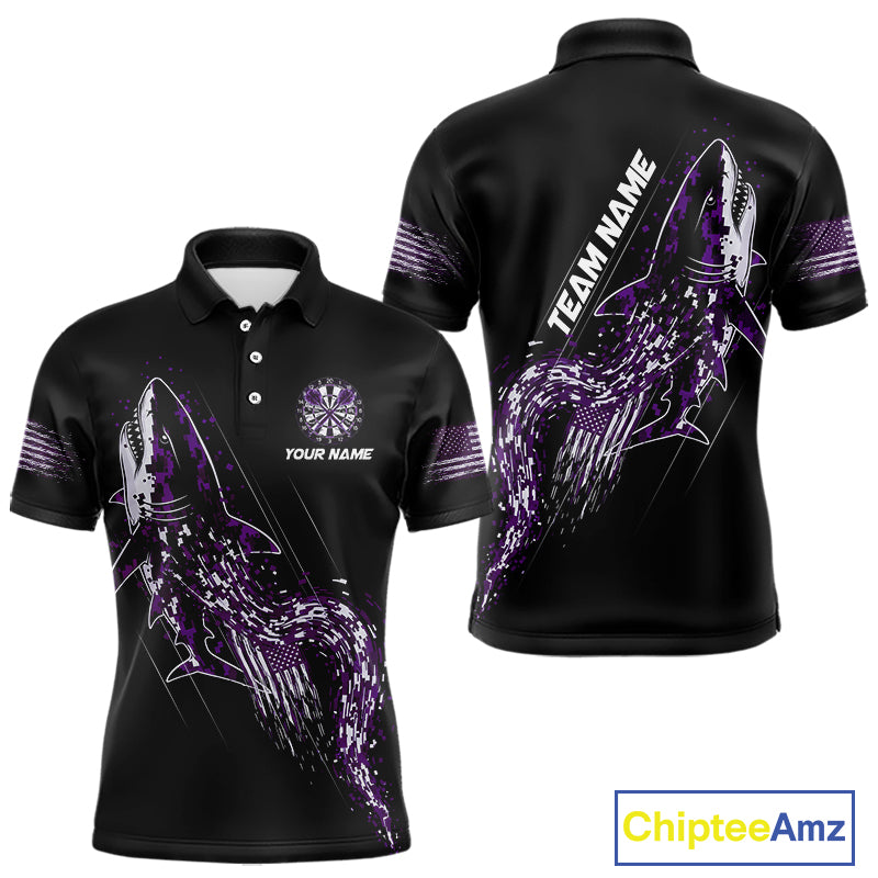 Custom Black And Purple US Flag Digital Camo Shark Darts Polo Shirt For Men Dart Gifts NYN1995