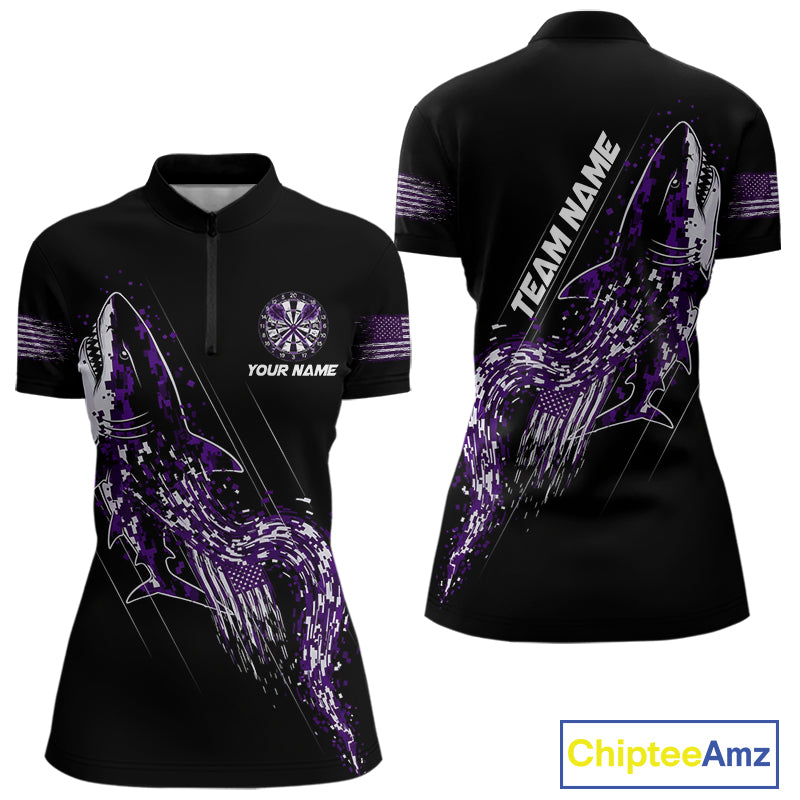 Custom Black And Purple US Flag Digital Camo Shark Darts Quarter-Zip Shirt For Women Dart Gifts NYN1995