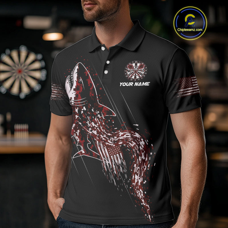 Custom Black And Red US Flag Digital Camo Shark Darts Polo Shirt For Men Dart Gifts NYN1996
