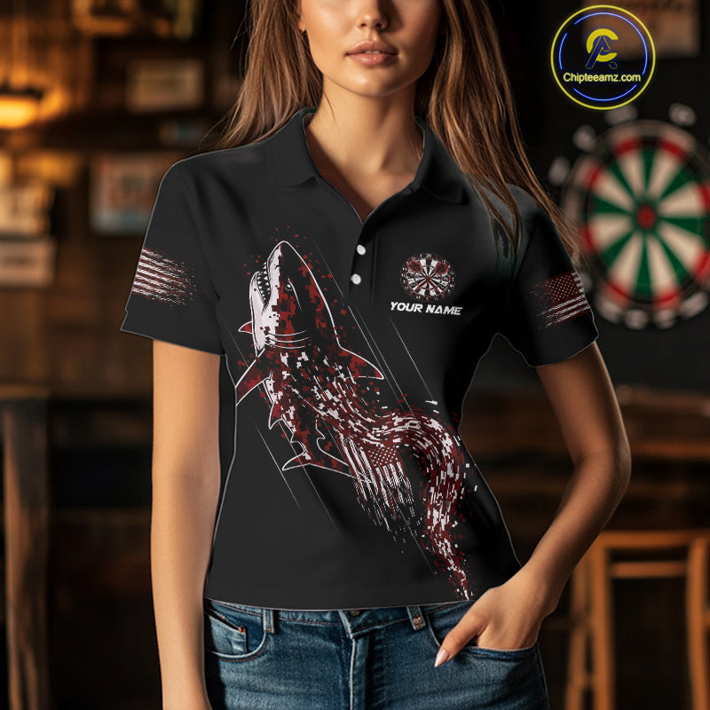 Custom Black And Red US Flag Digital Camo Shark Darts Polo Shirt For Women Dart Gifts NYN1996