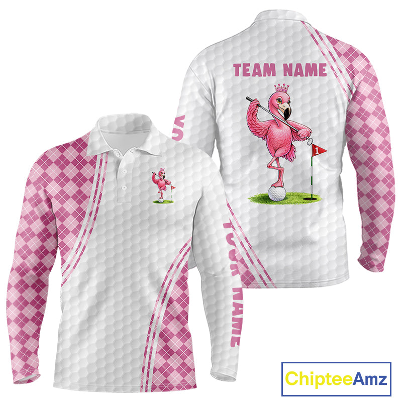 Funny Mens Golf Polo Shirt Custom Crown Flamingo Pink Argyle Pattern Golf Clothing Shirts NYN2876