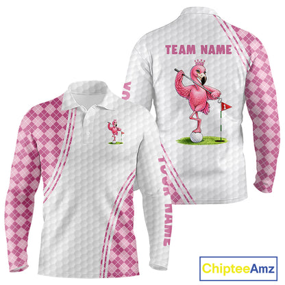 Funny Mens Golf Polo Shirt Custom Crown Flamingo Pink Argyle Pattern Golf Clothing Shirts NYN2876