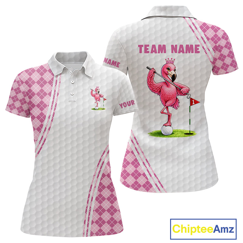 Funny Womens Golf Polo Shirt Custom Crown Flamingo Pink Argyle Pattern Golf Clothing Shirts NYN2876