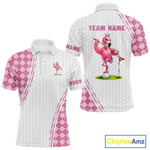 Load image into Gallery viewer, Funny Mens Golf Polo Shirt Custom Crown Flamingo Pink Argyle Pattern Golf Clothing Shirts NYN2876