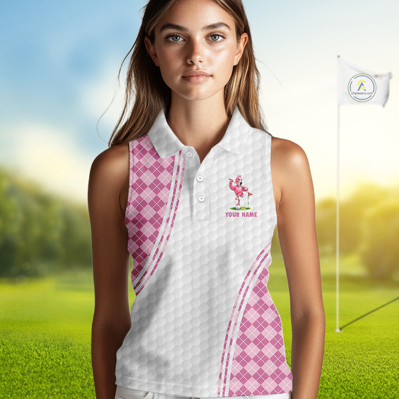 Funny Womens Golf Sleeveless Polo Shirt Custom Crown Flamingo Pink Argyle Pattern Golf Clothing Shirts NYN2876