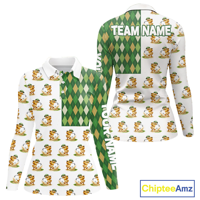 Funny Duck Polo Shirt Womens Golf Polo Shirts Custom Green Argyle Pattern Duck Golf Shirts NYN2879