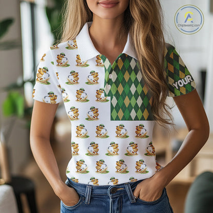 Funny Duck Polo Shirt Womens Golf Polo Shirts Custom Green Argyle Pattern Duck Golf Shirts NYN2879