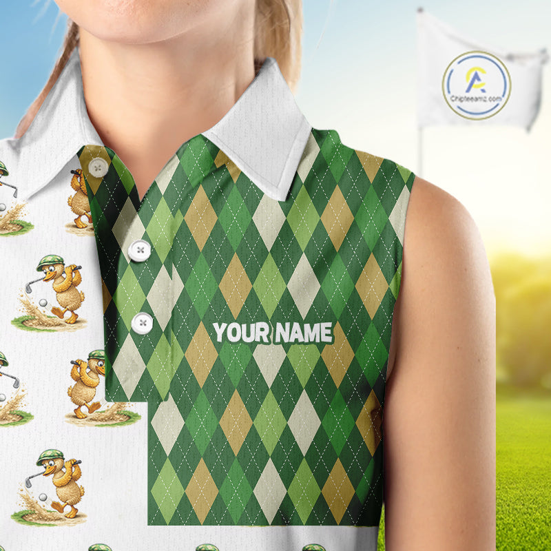Funny Duck Sleeveless Polo Shirt Womens Golf Polo Shirts Custom Green Argyle Duck Golf Shirts NYN2879