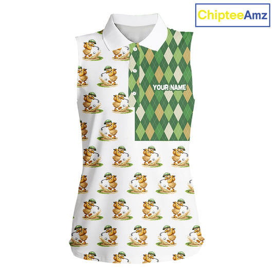 Funny Duck Sleeveless Polo Shirt Womens Golf Polo Shirts Custom Green Argyle Duck Golf Shirts NYN2879