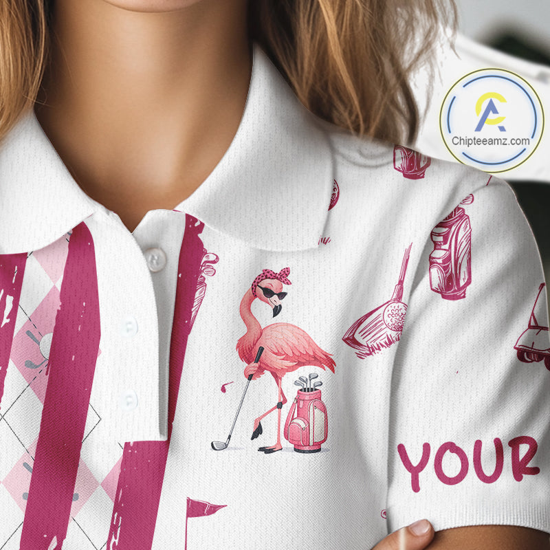 Custom Funny Flamingo Womens Golf Shirt Polo, Pink Paint Argyle Pattern Golf Team Outfits For Ladies NYN3095