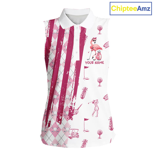 Custom Funny Flamingo Womens Golf Shirt Sleeveless Polo, Pink Paint Argyle Pattern Golf Team Outfits For Ladies NYN3095