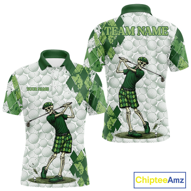 Funny Mens Golf Polo Shirt Custom Green Argyle Pattern Golf Ball Personalized Skull Golf Shirts NYN3100