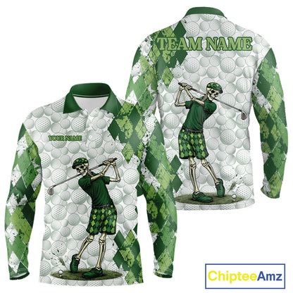 Funny Mens Golf Polo Shirt Custom Green Argyle Pattern Golf Ball Personalized Skull Golf Shirts NYN3100