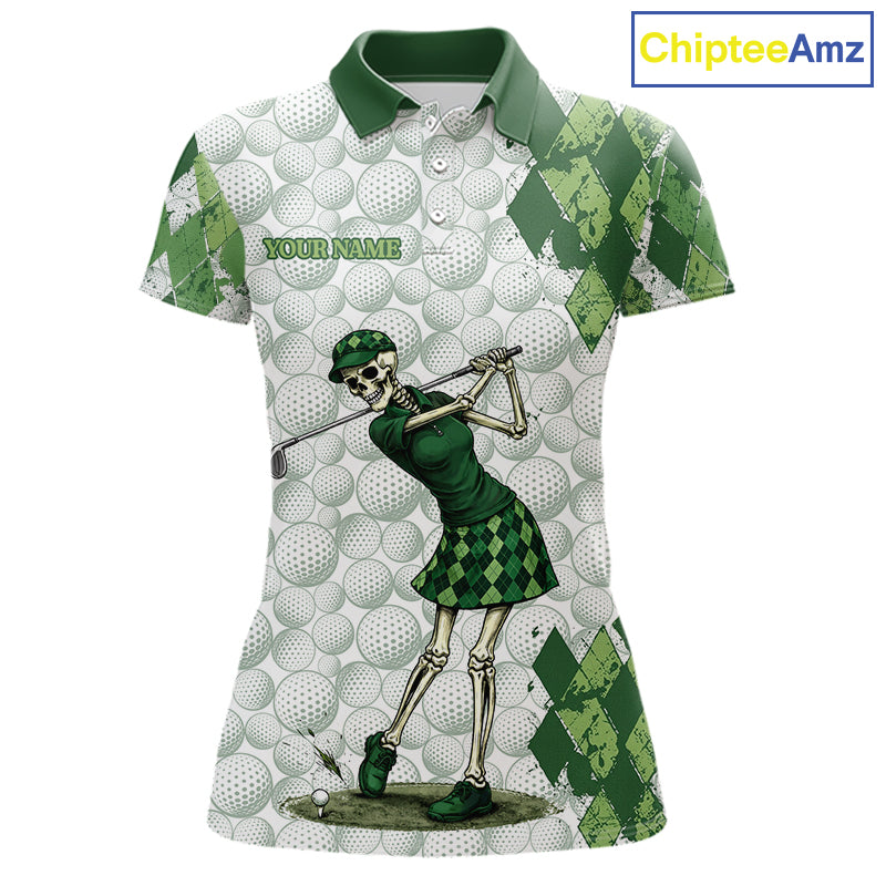 Funny Womens Golf Polo Shirt Custom Green Argyle Pattern Golf Ball Personalized Skull Golf Shirts NYN3100