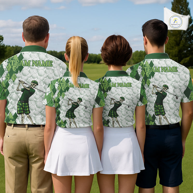 Funny Mens Golf Polo Shirt Custom Green Argyle Pattern Golf Ball Personalized Skull Golf Shirts NYN3100