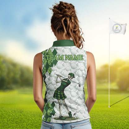 Funny Womens Golf Sleeveless Polo Shirt Custom Green Argyle Pattern Golf Ball Personalized Skull Golf Shirts NYN3100