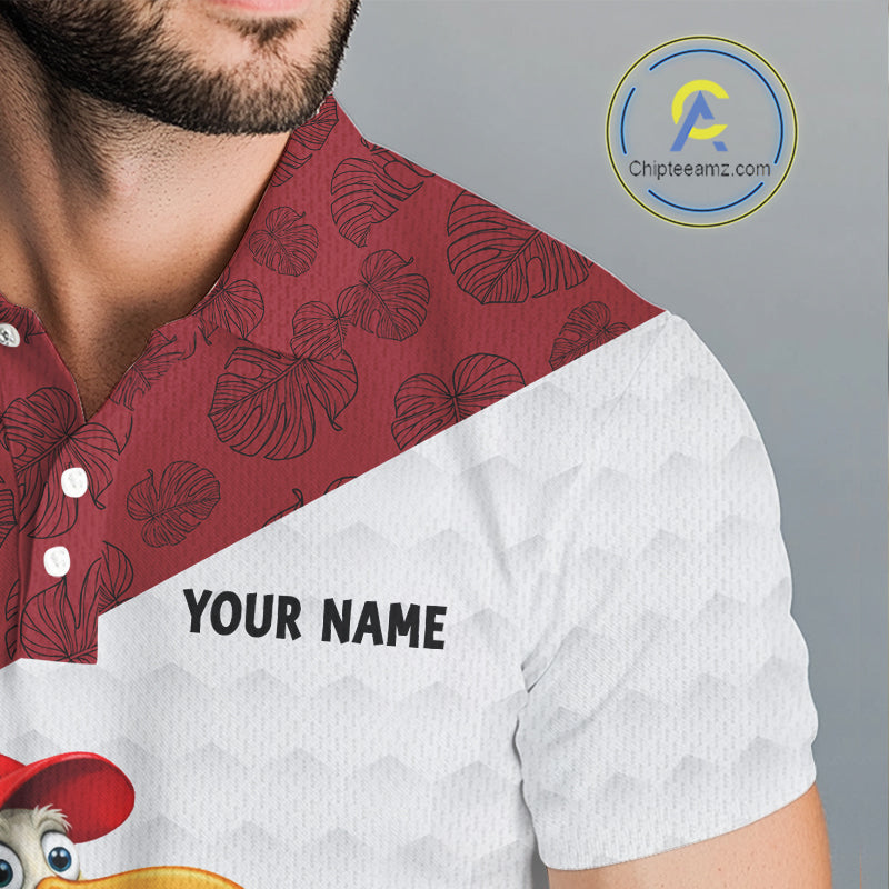 Funny Duck Golfer Mens Golf Polo Shirt Custom Black Grunge Tropical Team Golf Shirts | Red NYN3101
