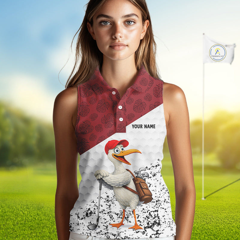 Funny Duck Golfer Womens Golf Sleeveless Polo Shirt Custom Black Grunge Tropical Team Golf Shirts | Red NYN3101
