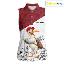 Load image into Gallery viewer, Funny Duck Golfer Womens Golf Sleeveless Polo Shirt Custom Black Grunge Tropical Team Golf Shirts | Red NYN3101