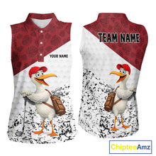 Load image into Gallery viewer, Funny Duck Golfer Womens Golf Sleeveless Polo Shirt Custom Black Grunge Tropical Team Golf Shirts | Red NYN3101