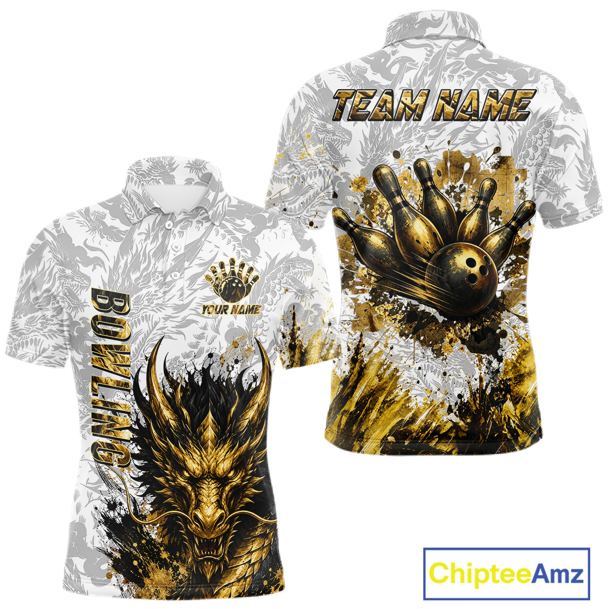 Splatter Black & Gold Bowling Polo & 1/4-Zip Shirt For Men Custom Gray Dragon Bowling Team Jersey NYN3269