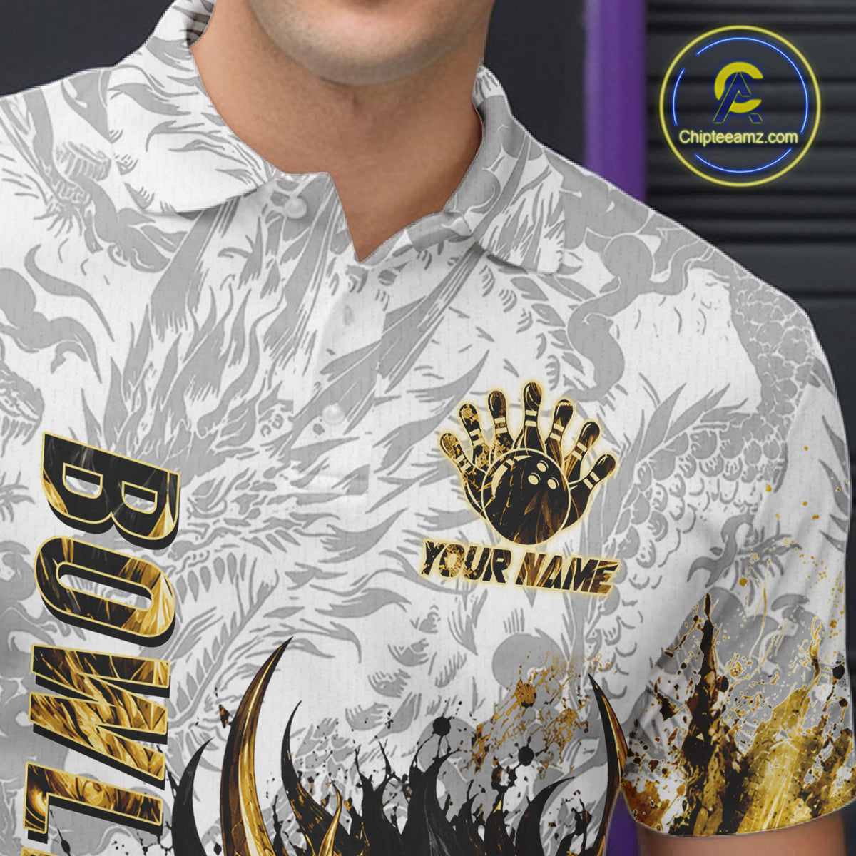 Splatter Black & Gold Bowling Polo & 1/4-Zip Shirt For Men Custom Gray Dragon Bowling Team Jersey NYN3269