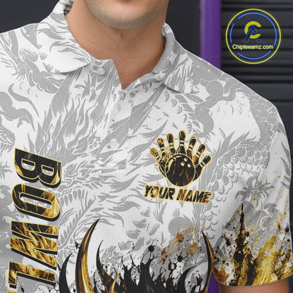 Splatter Black & Gold Bowling Polo & 1/4-Zip Shirt For Men Custom Gray Dragon Bowling Team Jersey NYN3269